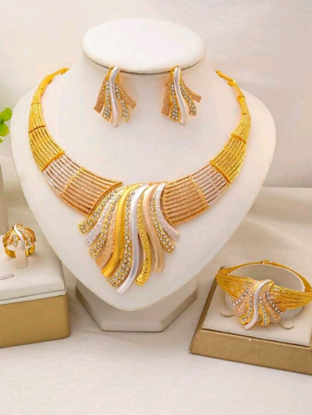 Gold and White Layered Crystal Necklace Set - Women Jewelry